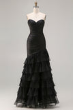 Black Tiered Ruched Mermaid Long Prom Dress with Beading