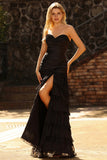 Black Tiered Ruched Sweetheart Maxi Prom Dress with Beading