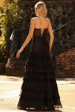 Black Tiered Ruched Sweetheart Maxi Prom Dress with Beading