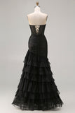 Black Tiered Ruched Mermaid Long Prom Dress with Beading