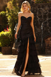 Black Tiered Ruched Sweetheart Maxi Prom Dress with Beading