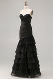 Black Tiered Ruched Mermaid Long Prom Dress with Beading