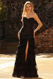 Black Tiered Ruched Sweetheart Maxi Prom Dress with Beading