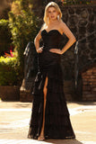 Black Tiered Ruched Sweetheart Maxi Prom Dress with Beading