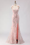Sparkly Blush Mermaid Sequins Long Floral Prom Dress with Slit
