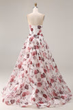 Sparkly A Line White and Red Floral Strapless Long Corset Prom Dress with Slit