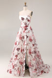 Sparkly A Line White and Red Floral Strapless Long Corset Prom Dress with Slit