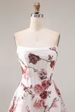 Sparkly A Line White and Red Floral Strapless Long Corset Prom Dress with Slit