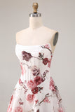 Sparkly A Line White and Red Floral Strapless Long Corset Prom Dress with Slit