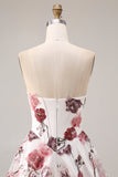Sparkly A Line White and Red Floral Strapless Long Corset Prom Dress with Slit