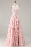 Sparkly Floral Pink and Red Tiered Long Corset Prom Dress with Beading