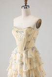 Floral Yellow and Blue Ruffled A Line Long Corset Prom Dress with Slit