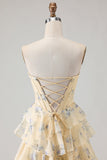 Floral Yellow and Blue Ruffled A Line Long Corset Prom Dress with Slit