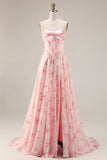 Floral Yellow and Blue A Line Sweetheart Maxi Corset Prom Dress with Bow