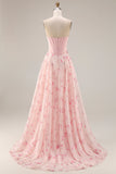 Pink and Red Floral Sweetheart A Line Long Corset Prom Dress with Bow
