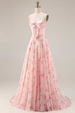 Pink and Red Floral Sweetheart A Line Long Corset Prom Dress with Bow
