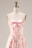 Pink and Red Floral Sweetheart A Line Long Corset Prom Dress with Bow