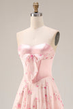 Floral Yellow and Blue A Line Sweetheart Maxi Corset Prom Dress with Bow