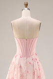 Floral Yellow and Blue A Line Sweetheart Maxi Corset Prom Dress with Bow