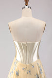 Floral Yellow and Blue A Line Sweetheart Maxi Corset Prom Dress with Bow