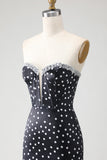 Black and White Mermaid Ploka Dots Corset Long Prom Dress with Ruffles