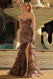 Coffee Leopard Mermaid Sweetheart Long Prom Dress with Slit
