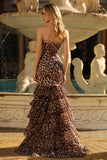 Coffee Leopard Mermaid Sweetheart Long Prom Dress with Slit