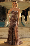 Coffee Leopard Mermaid Sweetheart Long Prom Dress with Slit