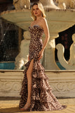 Coffee Leopard Mermaid Sweetheart Long Prom Dress with Slit