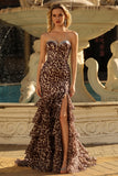 Coffee Leopard Mermaid Sweetheart Long Prom Dress with Slit