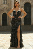 Black and White Mermaid Ploka Dots Corset Long Prom Dress with Ruffles