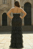 Black and White Mermaid Ploka Dots Corset Long Prom Dress with Ruffles