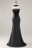 Black and White Satin Polka Dots Mermaid Neck Scarf Long Prom Dress
