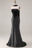 Black and White Satin Polka Dots Mermaid Neck Scarf Long Prom Dress