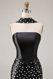 Black and White Satin Polka Dots Mermaid Neck Scarf Long Prom Dress