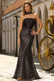 White and Black Polka Dots Mermaid Neck Scarf Long Prom Dress