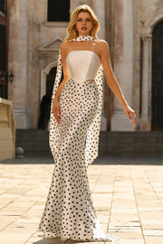 White and Black Polka Dots Mermaid Neck Scarf Long Prom Dress