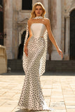 White and Black Polka Dots Mermaid Neck Scarf Long Prom Dress