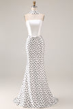 Black and White Polka Dots Neck Scarf Long Mermaid Prom Dress
