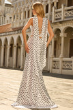 White and Black Polka Dots Mermaid Neck Scarf Long Prom Dress