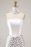 Black and White Satin Polka Dots Mermaid Neck Scarf Long Prom Dress