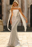White and Black Polka Dots Mermaid Neck Scarf Long Prom Dress