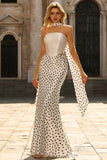 White and Black Polka Dots Mermaid Neck Scarf Long Prom Dress