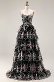 Sparkly Black Pink Floral Lace A Line Tiered Strapless Long Prom Dress