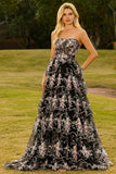 Floral Black and Pink Sparkly Princess Tiered Strapless Maxi Prom Dress