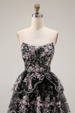 Sparkly Black Pink Floral Lace A Line Tiered Strapless Long Prom Dress