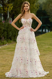 Floral White and Pink Sparkly Princess Tiered Maxi Prom Dress with Ruffles