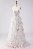Floral White and Pink A Line Tiered Corset Lace Long Prom Dress