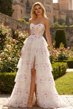 Floral White and Pink Sparkly Princess Tiered Maxi Prom Dress with Ruffles