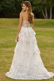 Floral White and Pink Sparkly Princess Tiered Maxi Prom Dress with Ruffles